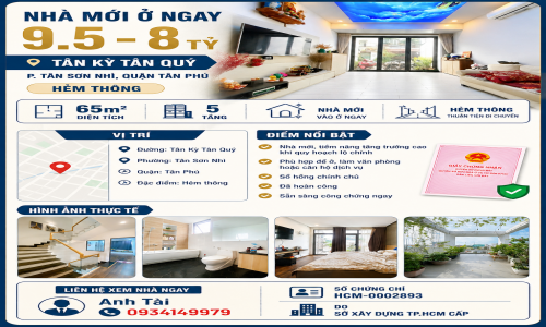 9.5-8 TỶ, 5 TẦNG, NHÀ MỚI Ở NGAY, TÂN KỲ TÂN QUÝ, 65m2, HẺM THÔNG