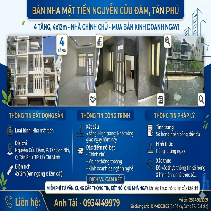 NHÀ CHÍNH CHỦ, GIẢM 500 TRIỆU, BÁN NHÀ MẶT TIỀN NGUYỄN CỬU ĐÀM, TÂN PHÚ, 4 TẦNG , 4x12m