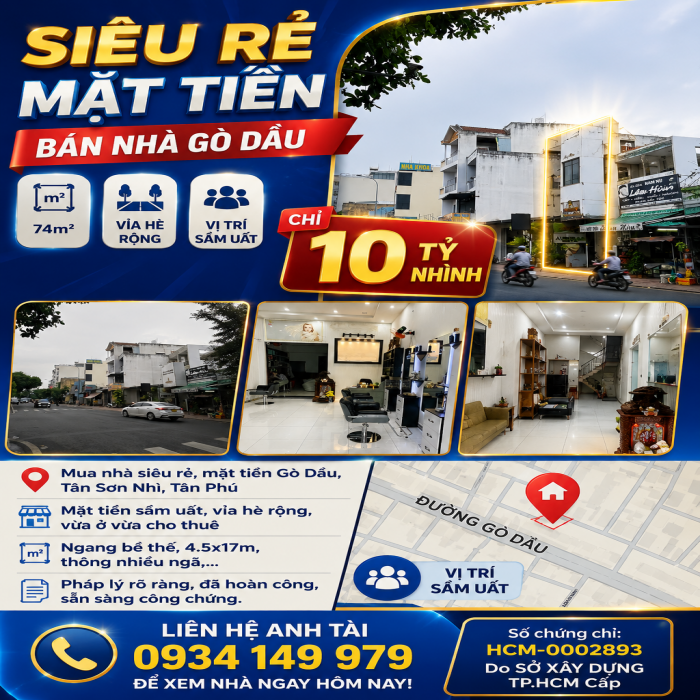 SIÊU RẺ MẶT TIỀN, BÁN NHÀ GÒ DẦU, 76.5m2, VỈA HÈ, VỊ TRÍ SẦM UẤT, CHỈ 10 TỶ NHỈNH