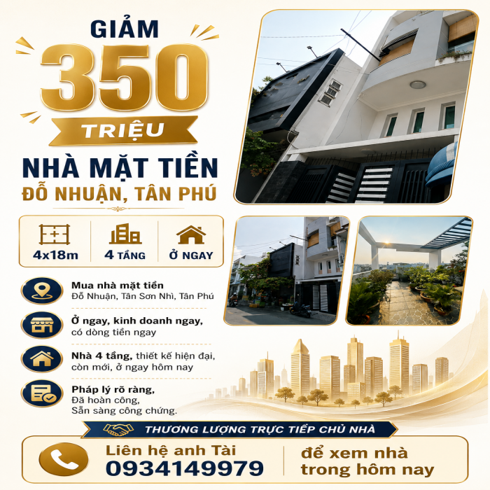 GIẢM 350 TRIỆU, NHÀ MẶT TIỀN ĐỖ NHUẬN, TÂN PHÚ, 4x18m, 4 TẦNG, Ở NGAY