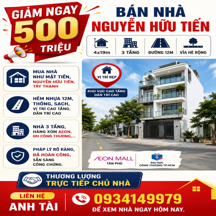 Giảm ngay 500 triệu, Bán nhà Nguyễn Hữu Tiến, 4x19m, 3 tầng, đường 12m, vỉa hè rộng