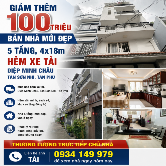 GIẢM THÊM 100 TRIỆU, BÁN NHÀ MỚI ĐẸP, 5 TẦNG, 4x18m, HẺM XE TẢI, DIỆP MINH CHÂU, TÂN SƠN NHÌ, TÂN PHÚ