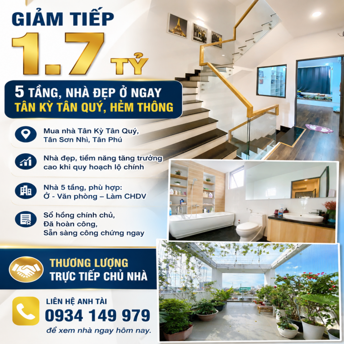 GIẢM TIẾP 1.7 TỶ, 5 TẦNG, NHÀ ĐẸP Ở NGAY, TÂN KỲ TÂN QUÝ, HẺM THÔNG